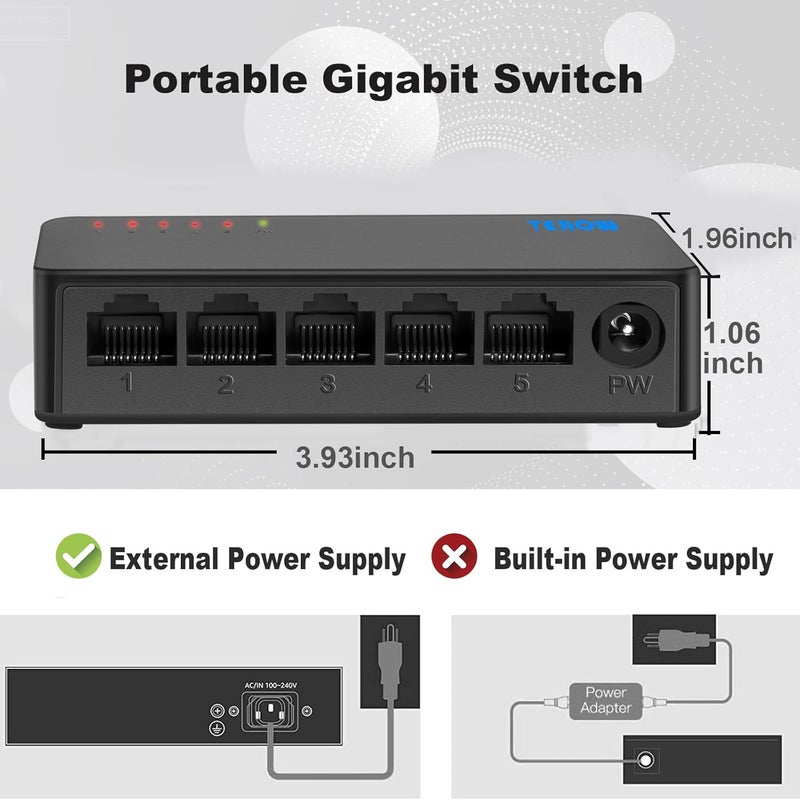 TEROW 5 Port Gigabit Network Switch, Portable Switch | Plug & Play | Fanless Housing, Black， for Home, Office, Ethernet Switches - Image 2